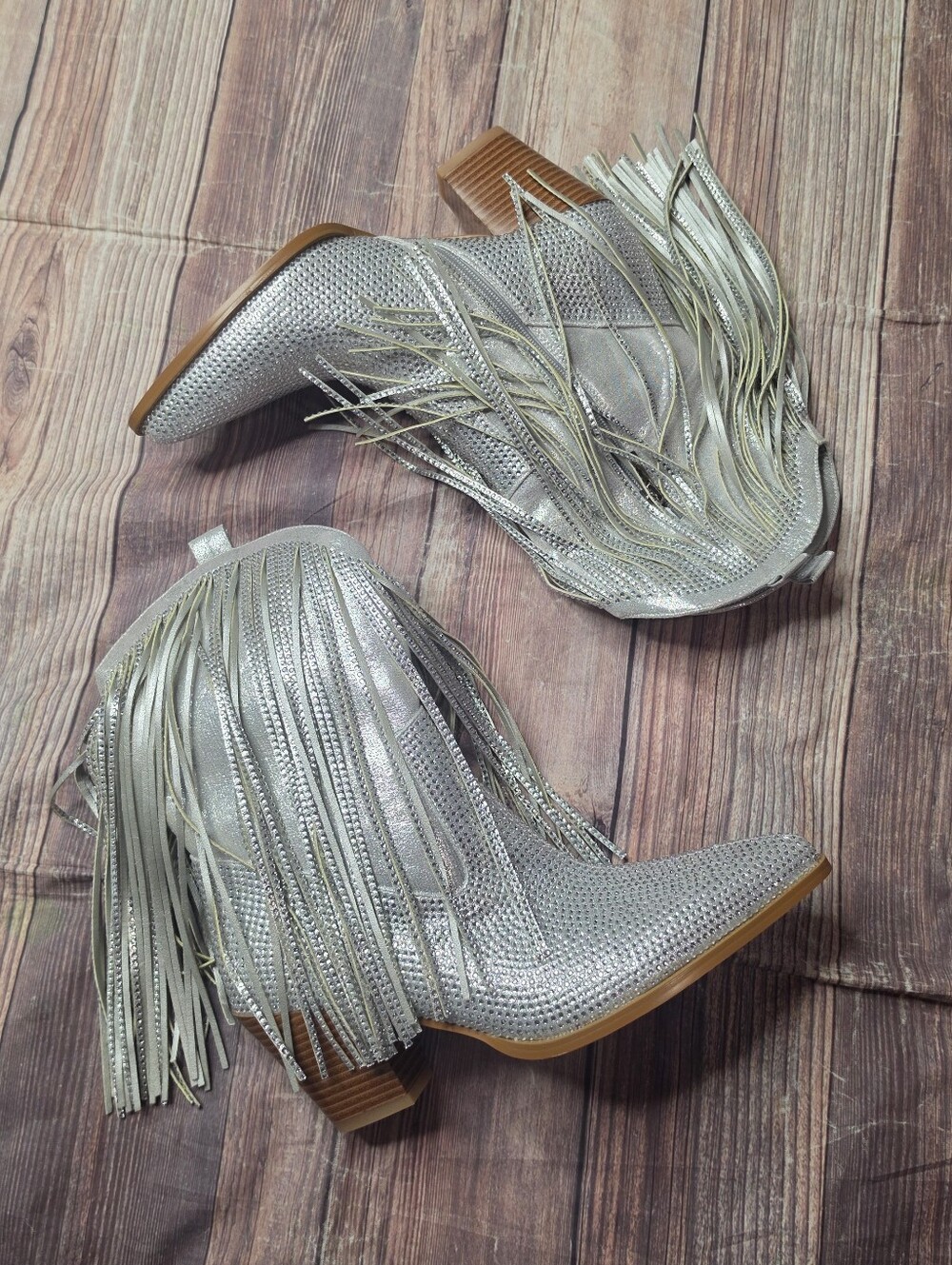 Ouepiano Silver Rhinestone Fringe Western Cowboy Ankle Boots